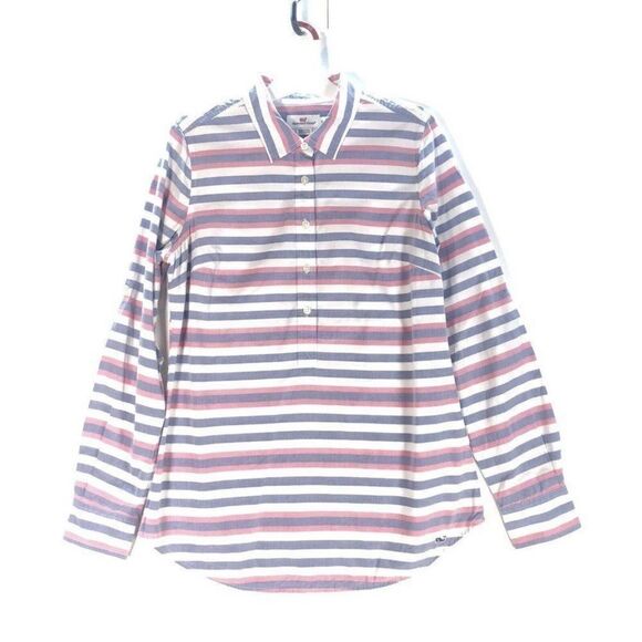 Vineyard Vines Striped Linen Blend Popover Red White Blue Blouse Women’s Size 0 - Picture 1 of 4